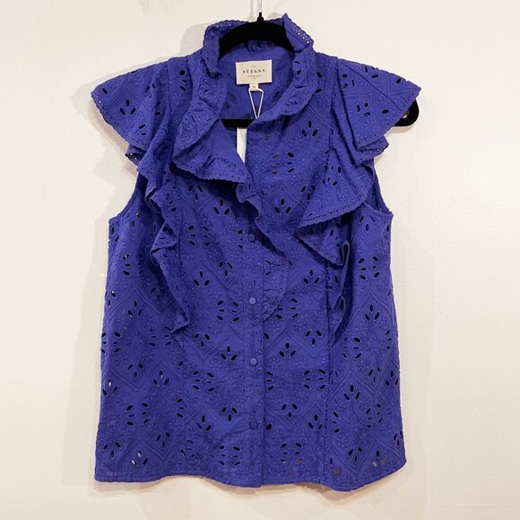 New Sezane Chiara Embroidered Cotton Ruffle Top Electric Blue 34, 2, XS - Picture 3 of 8